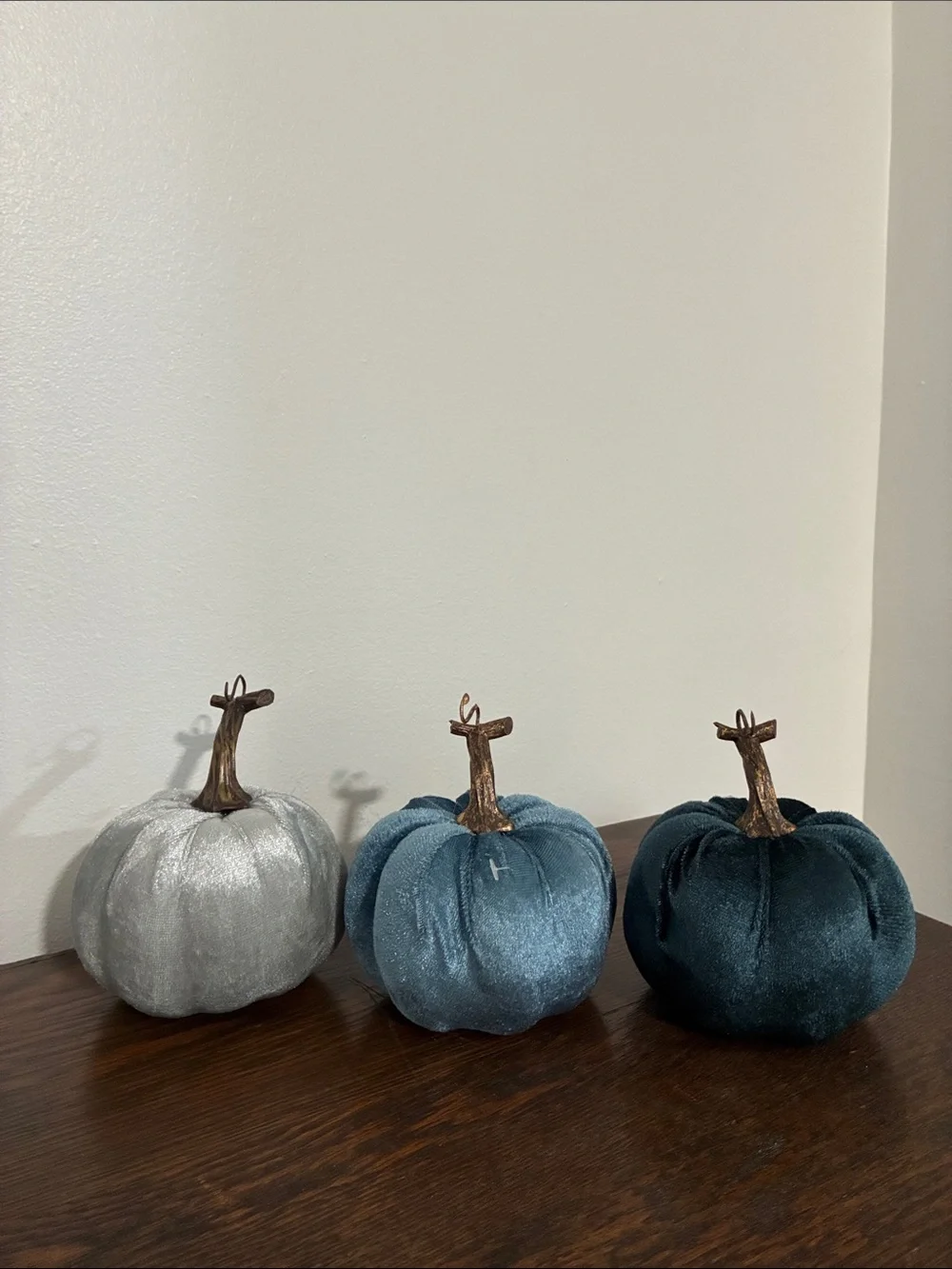 NWT Set of 3- Velvet Pumpkins- Dark Blue, Silver, Teal Fall Holiday Decorations